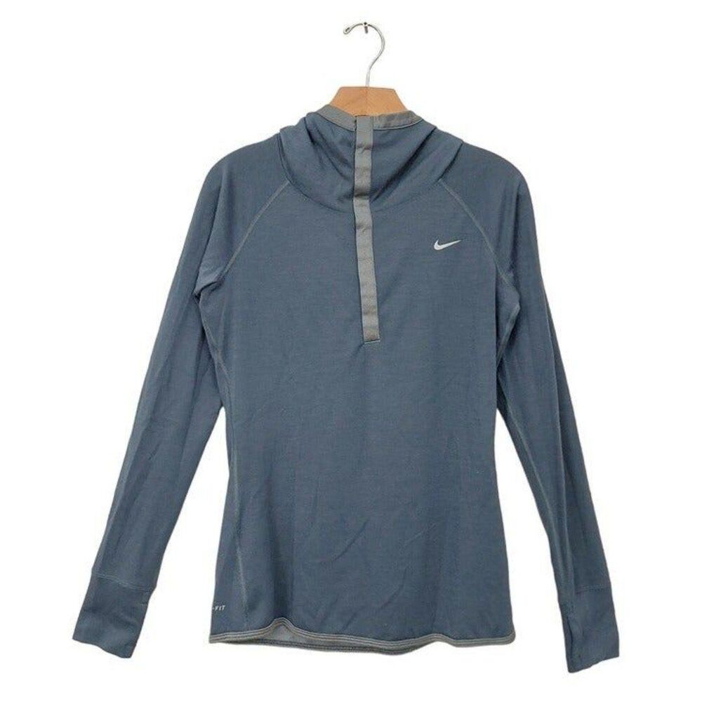 Nike Dri-Fit Hooded Top Womens Medium Blue Running Wool Blend Snap Athletic